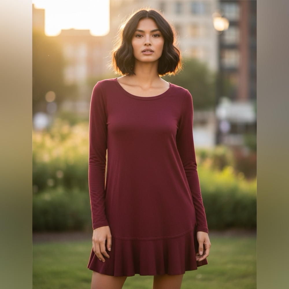 Popana Red Ruffled A-Line Long Sleeve Dress